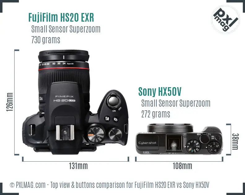FujiFilm HS20 EXR vs Sony HX50V top view buttons comparison FujiFilm HS20 EXR vs Sony HX50V top view buttons comparison