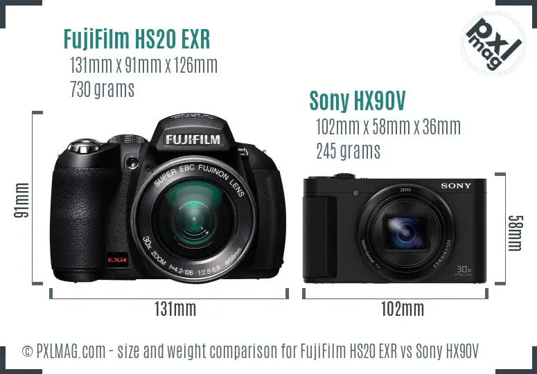 FujiFilm HS20 EXR vs Sony HX90V size comparison