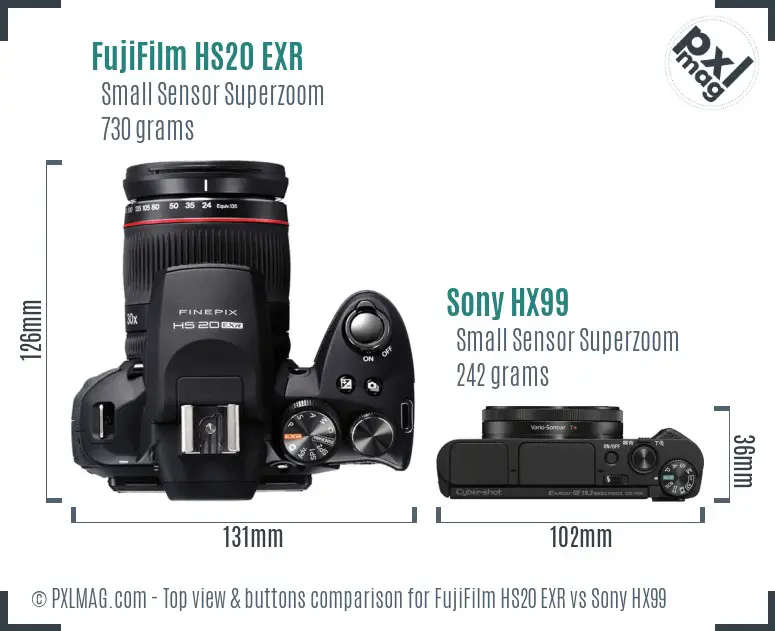 FujiFilm HS20 EXR vs Sony HX99 top view buttons comparison