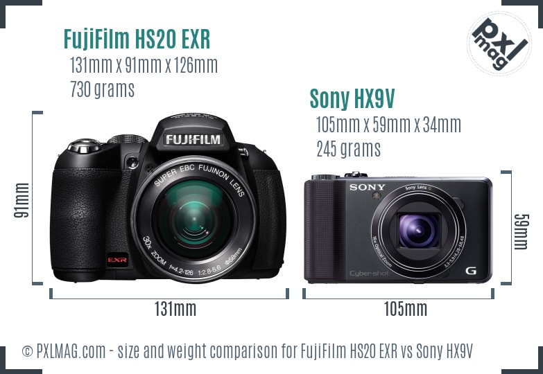 FujiFilm HS20 EXR vs Sony HX9V size comparison