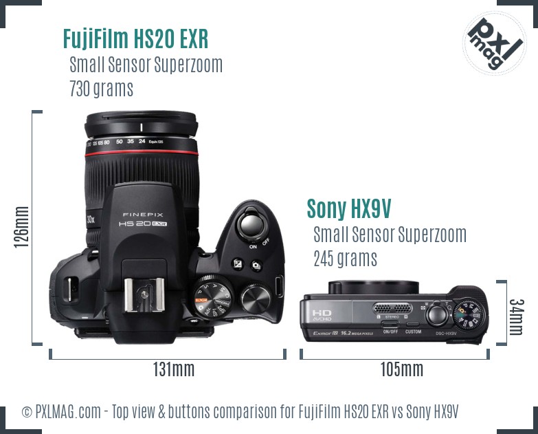 FujiFilm HS20 EXR vs Sony HX9V top view buttons comparison