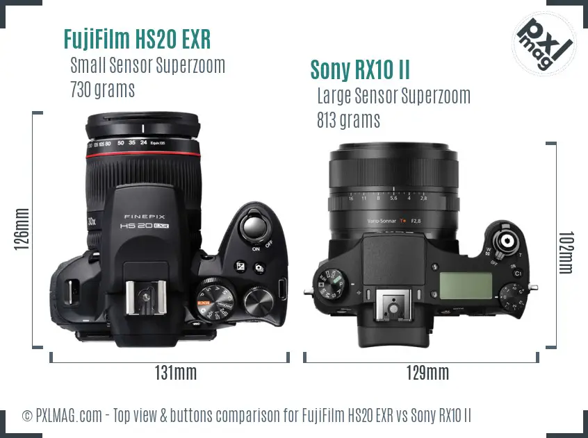 FujiFilm HS20 EXR vs Sony RX10 II top view buttons comparison FujiFilm HS20 EXR vs Sony RX10 II top view buttons comparison