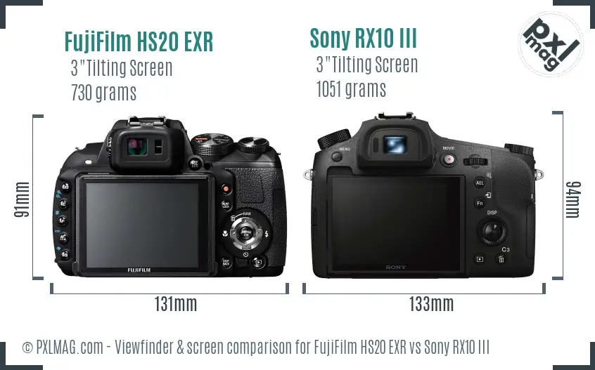 FujiFilm HS20 EXR vs Sony RX10 III Screen and Viewfinder comparison