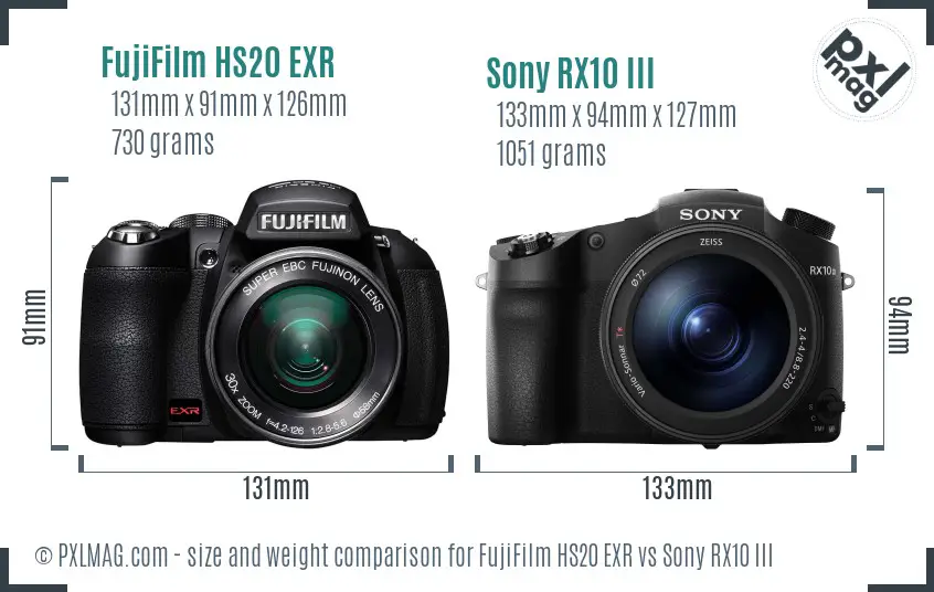 FujiFilm HS20 EXR vs Sony RX10 III size comparison