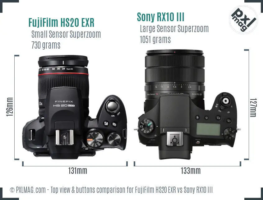 FujiFilm HS20 EXR vs Sony RX10 III top view buttons comparison