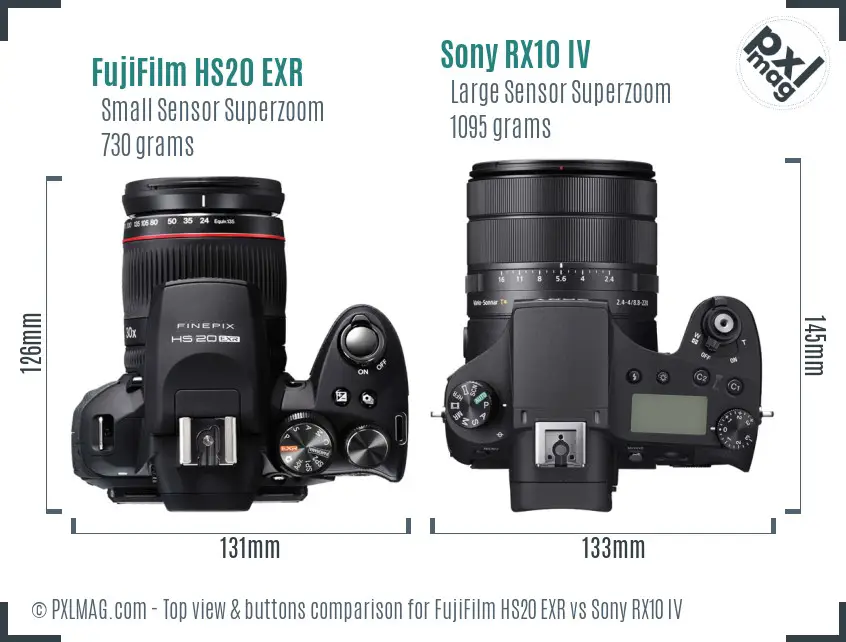FujiFilm HS20 EXR vs Sony RX10 IV top view buttons comparison FujiFilm HS20 EXR vs Sony RX10 IV top view buttons comparison