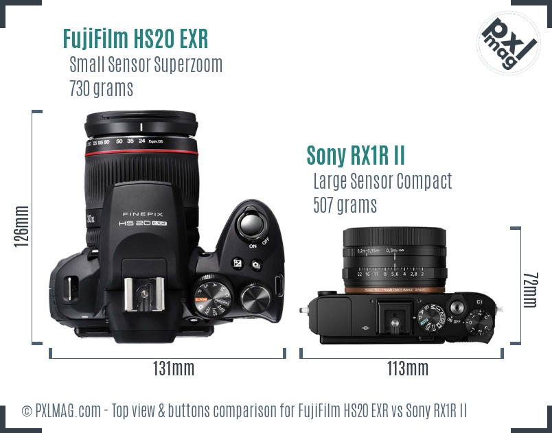FujiFilm HS20 EXR vs Sony RX1R II top view buttons comparison