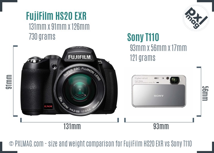 FujiFilm HS20 EXR vs Sony T110 size comparison FujiFilm HS20 EXR vs Sony T110 size comparison
