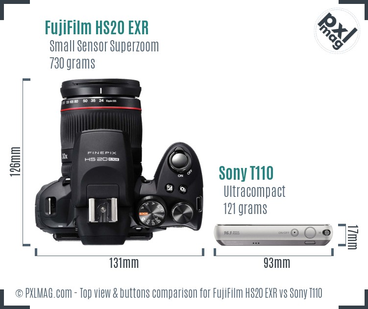 FujiFilm HS20 EXR vs Sony T110 top view buttons comparison