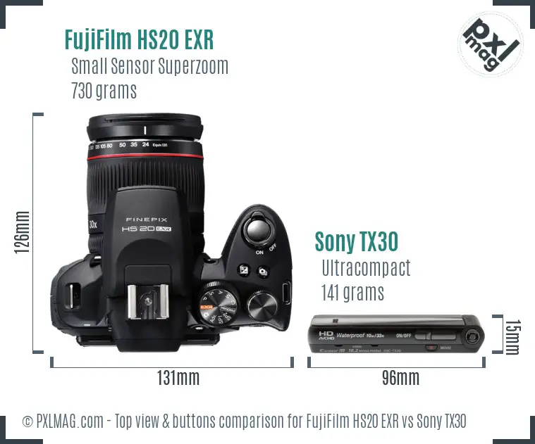 FujiFilm HS20 EXR vs Sony TX30 top view buttons comparison