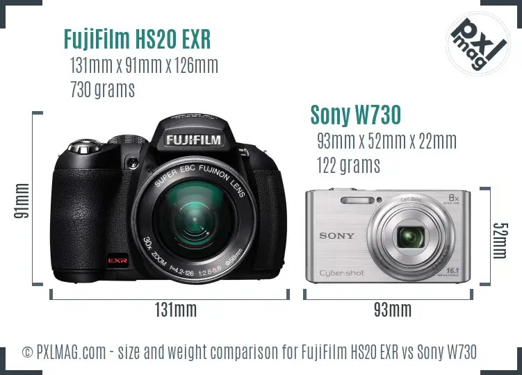 FujiFilm HS20 EXR vs Sony W730 size comparison