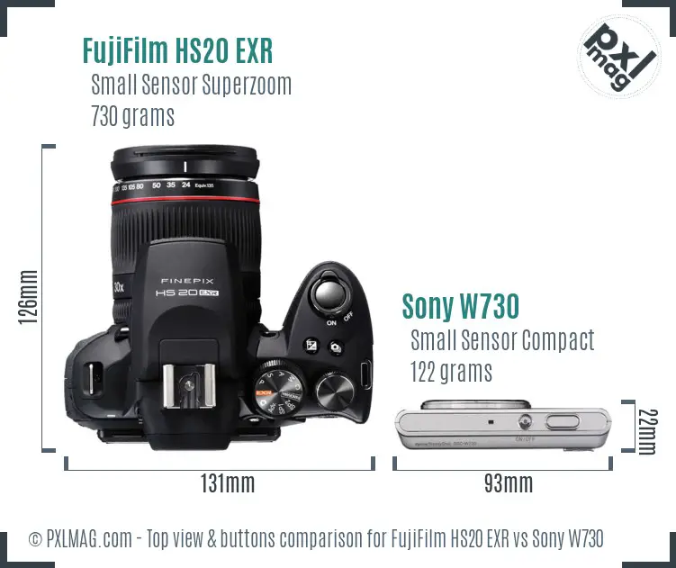 FujiFilm HS20 EXR vs Sony W730 top view buttons comparison