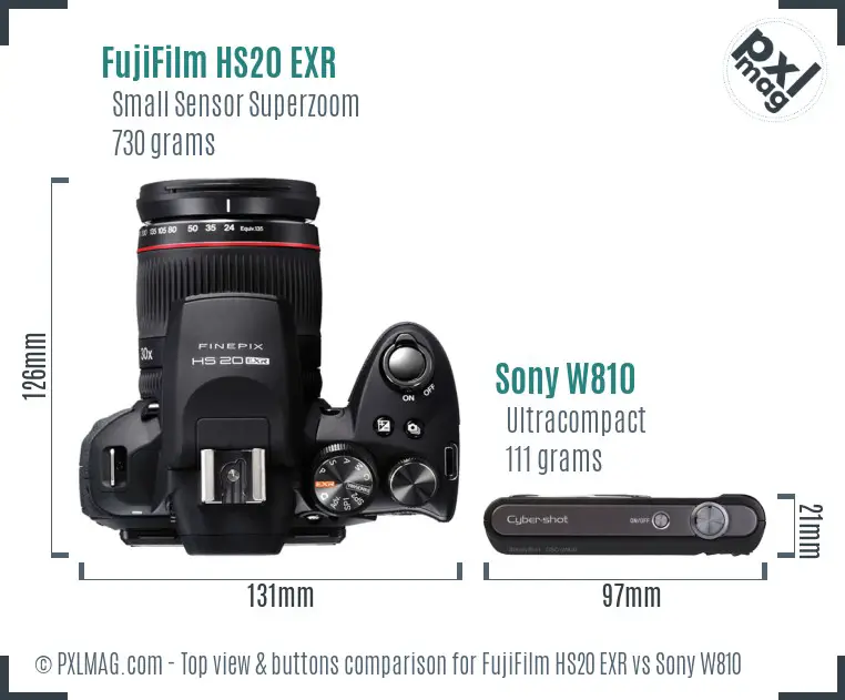 FujiFilm HS20 EXR vs Sony W810 top view buttons comparison