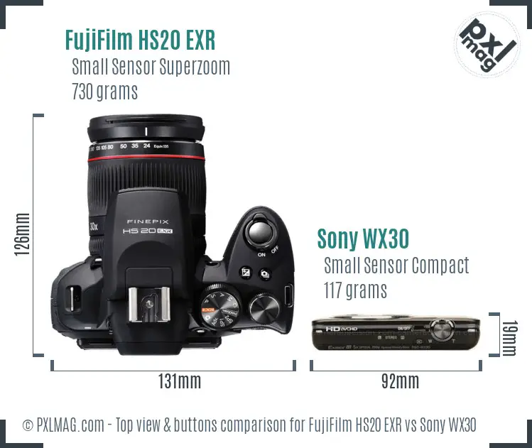 FujiFilm HS20 EXR vs Sony WX30 top view buttons comparison FujiFilm HS20 EXR vs Sony WX30 top view buttons comparison