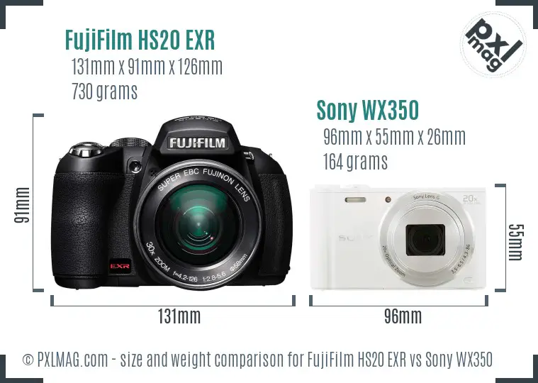 FujiFilm HS20 EXR vs Sony WX350 size comparison