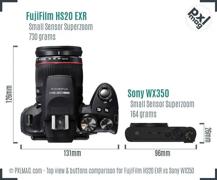 FujiFilm HS20 EXR vs Sony WX350 top view buttons comparison