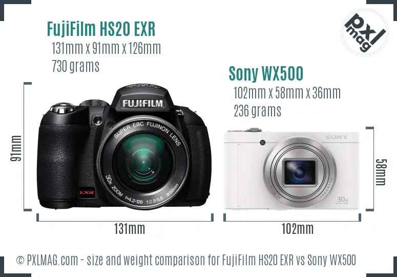 FujiFilm HS20 EXR vs Sony WX500 size comparison