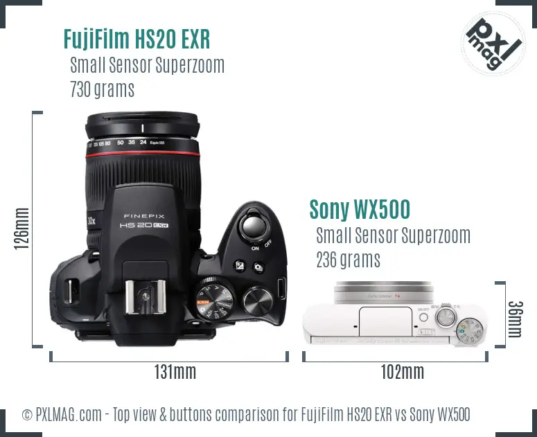 FujiFilm HS20 EXR vs Sony WX500 top view buttons comparison