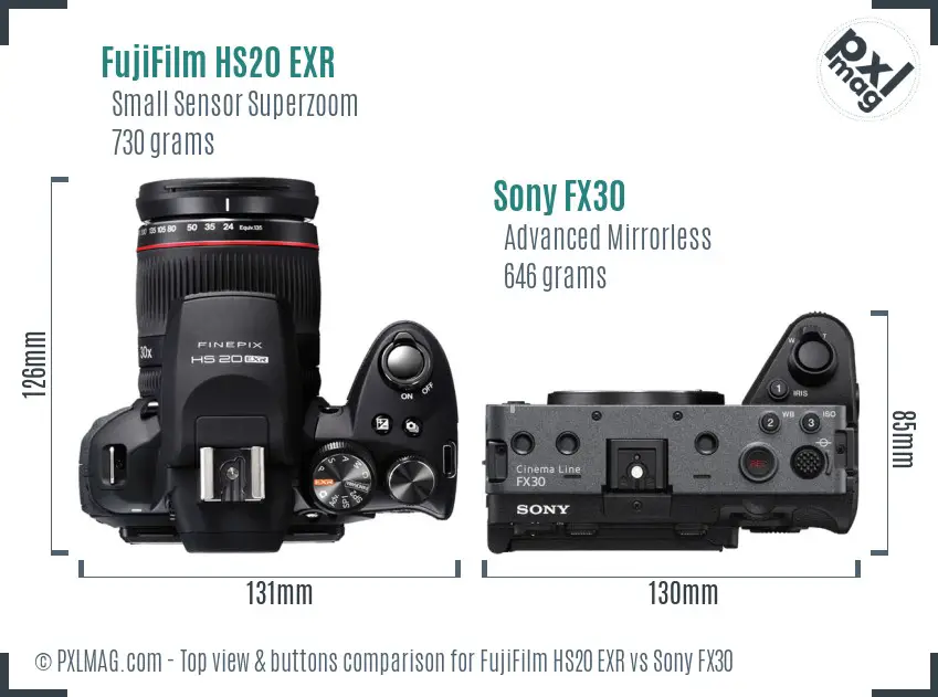 FujiFilm HS20 EXR vs Sony FX30 top view buttons comparison FujiFilm HS20 EXR vs Sony FX30 top view buttons comparison