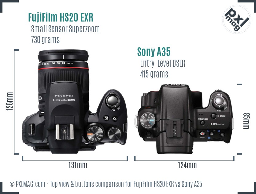 FujiFilm HS20 EXR vs Sony A35 top view buttons comparison