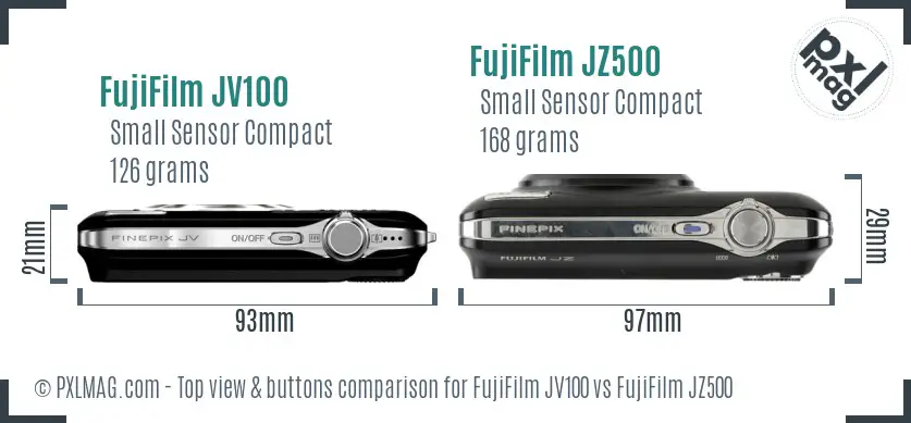 FujiFilm JV100 vs FujiFilm JZ500 top view buttons comparison