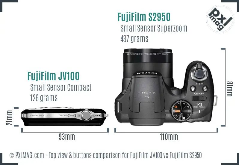 FujiFilm JV100 vs FujiFilm S2950 top view buttons comparison