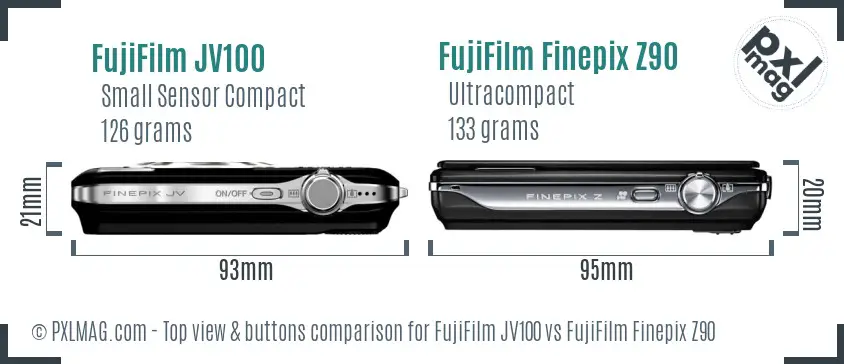 FujiFilm JV100 vs FujiFilm Finepix Z90 top view buttons comparison FujiFilm JV100 vs FujiFilm Finepix Z90 top view buttons comparison