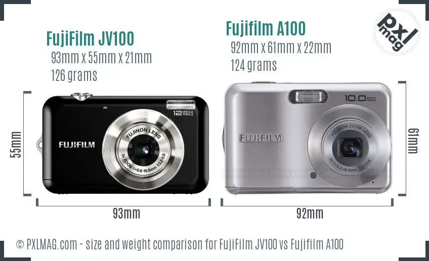 FujiFilm JV100 vs Fujifilm A100 size comparison FujiFilm JV100 vs Fujifilm A100 size comparison