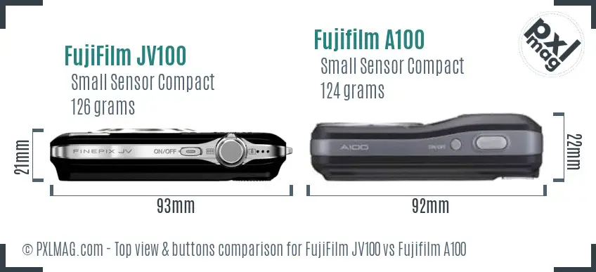 FujiFilm JV100 vs Fujifilm A100 top view buttons comparison FujiFilm JV100 vs Fujifilm A100 top view buttons comparison