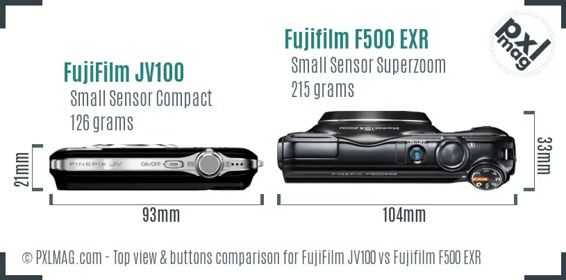 FujiFilm JV100 vs Fujifilm F500 EXR top view buttons comparison