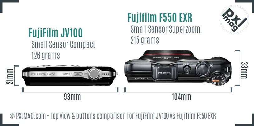 FujiFilm JV100 vs Fujifilm F550 EXR top view buttons comparison FujiFilm JV100 vs Fujifilm F550 EXR top view buttons comparison