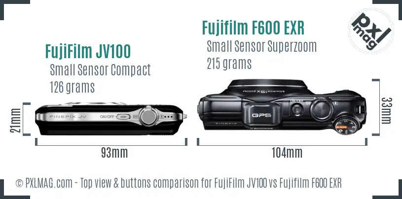 FujiFilm JV100 vs Fujifilm F600 EXR top view buttons comparison FujiFilm JV100 vs Fujifilm F600 EXR top view buttons comparison
