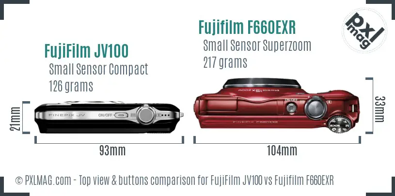 FujiFilm JV100 vs Fujifilm F660EXR top view buttons comparison