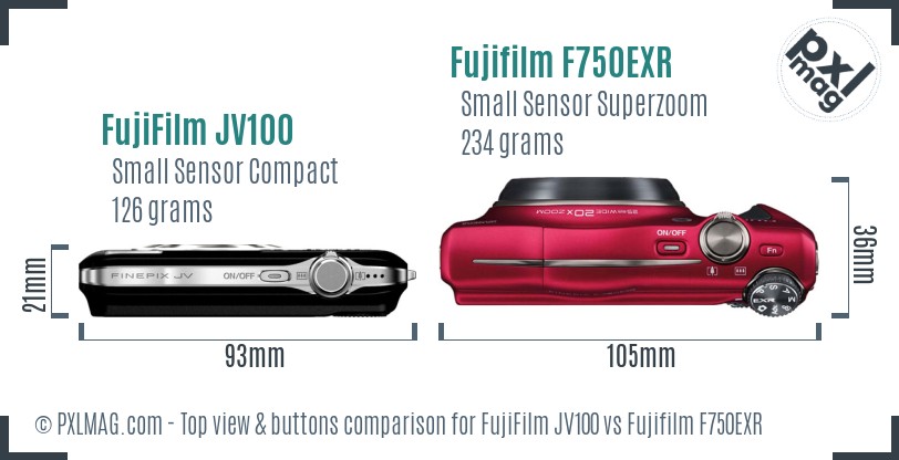 FujiFilm JV100 vs Fujifilm F750EXR top view buttons comparison