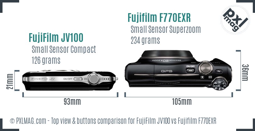 FujiFilm JV100 vs Fujifilm F770EXR top view buttons comparison