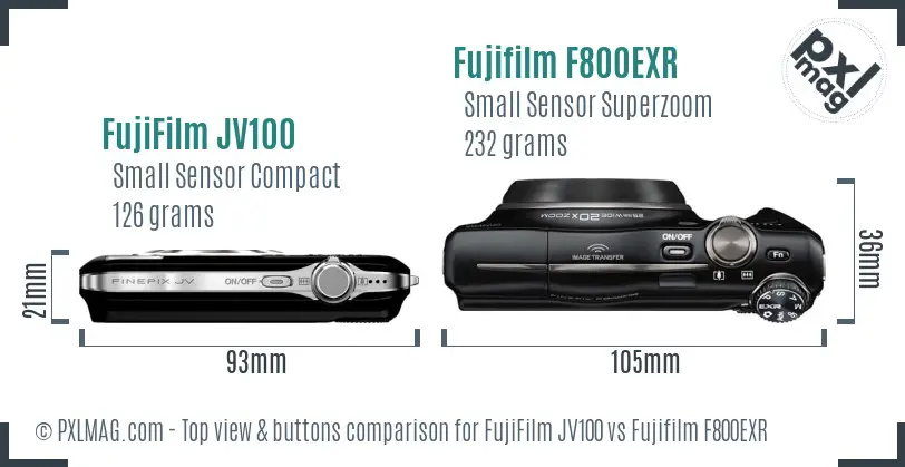 FujiFilm JV100 vs Fujifilm F800EXR top view buttons comparison