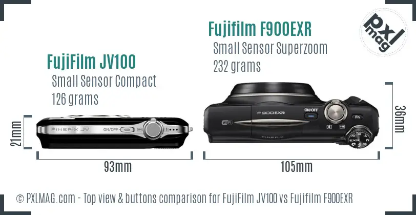 FujiFilm JV100 vs Fujifilm F900EXR top view buttons comparison