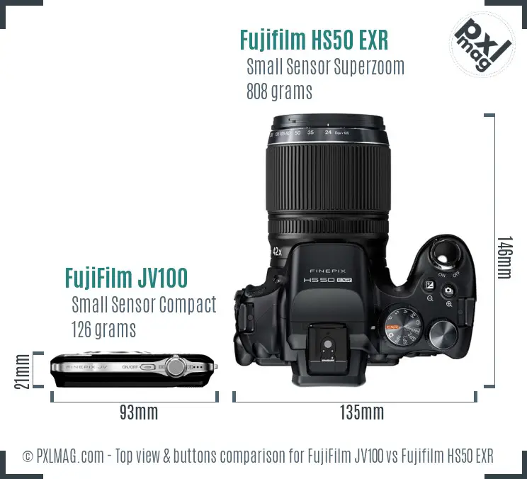 FujiFilm JV100 vs Fujifilm HS50 EXR top view buttons comparison