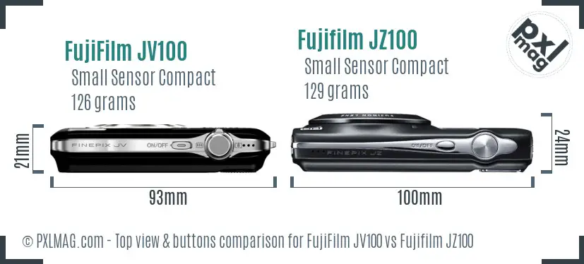 FujiFilm JV100 vs Fujifilm JZ100 top view buttons comparison