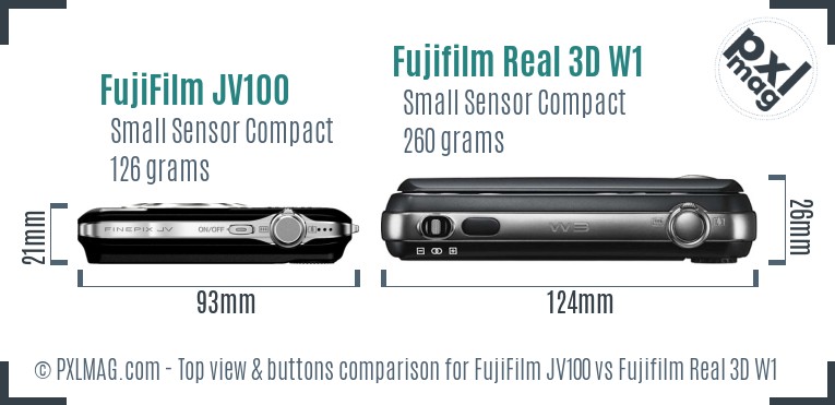 FujiFilm JV100 vs Fujifilm Real 3D W1 top view buttons comparison