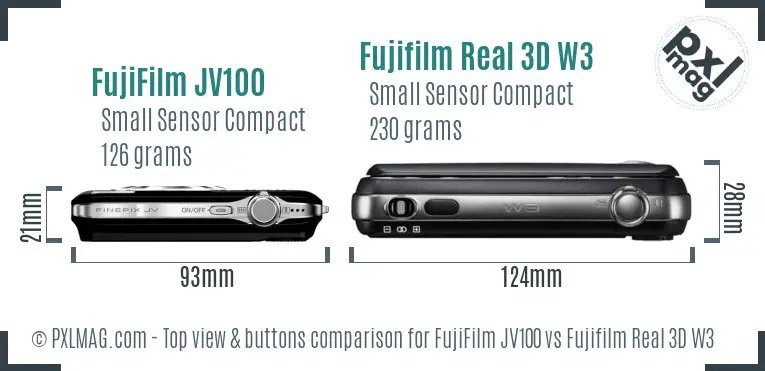 FujiFilm JV100 vs Fujifilm Real 3D W3 top view buttons comparison