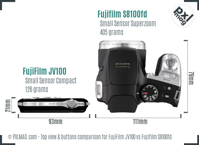 FujiFilm JV100 vs Fujifilm S8100fd top view buttons comparison