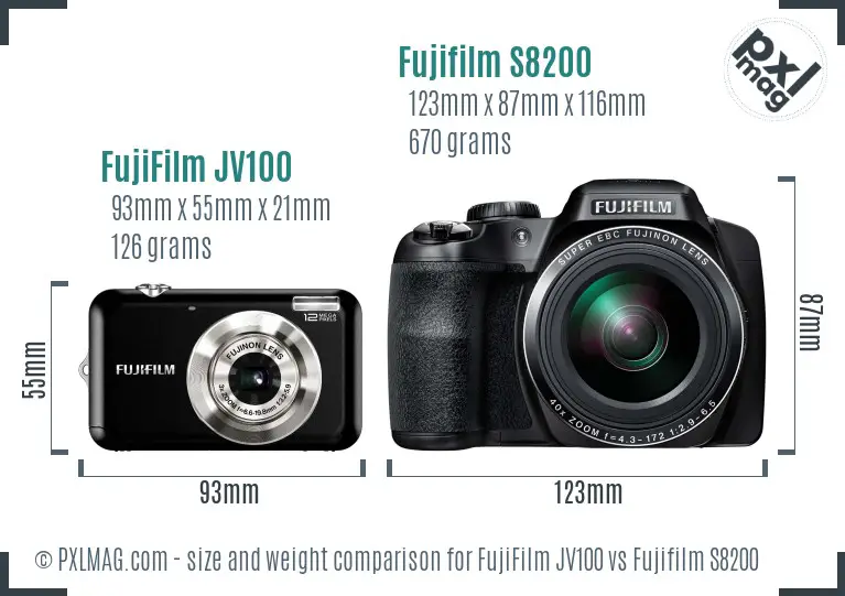 FujiFilm JV100 vs Fujifilm S8200 size comparison FujiFilm JV100 vs Fujifilm S8200 size comparison