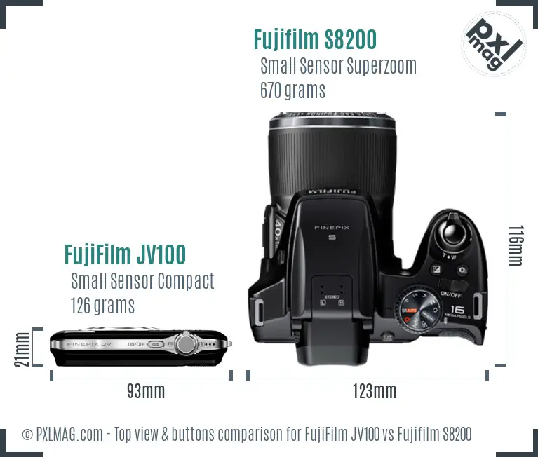 FujiFilm JV100 vs Fujifilm S8200 top view buttons comparison