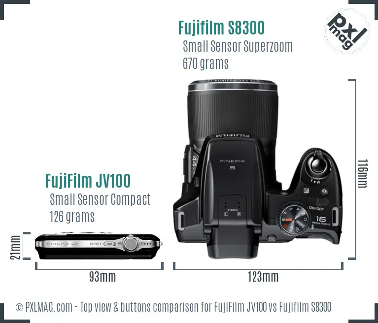 FujiFilm JV100 vs Fujifilm S8300 top view buttons comparison FujiFilm JV100 vs Fujifilm S8300 top view buttons comparison