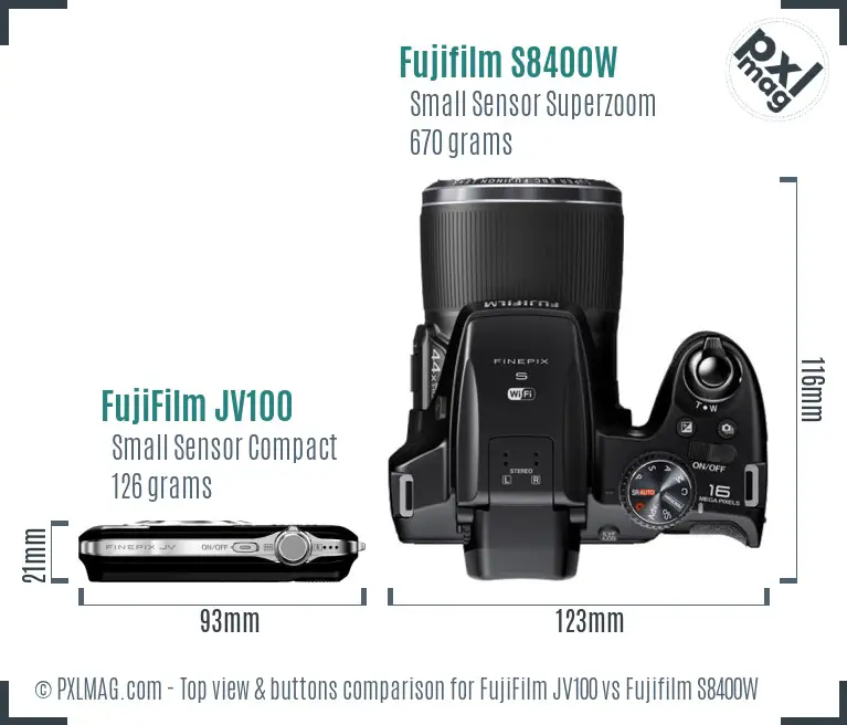 FujiFilm JV100 vs Fujifilm S8400W top view buttons comparison FujiFilm JV100 vs Fujifilm S8400W top view buttons comparison