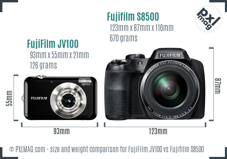 FujiFilm JV100 vs Fujifilm S8500 size comparison