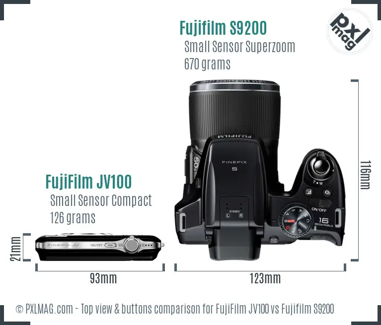 FujiFilm JV100 vs Fujifilm S9200 top view buttons comparison