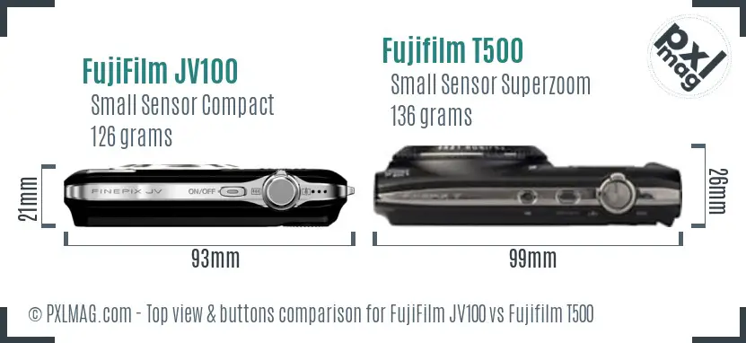 FujiFilm JV100 vs Fujifilm T500 top view buttons comparison