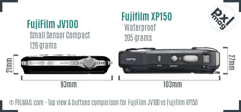 FujiFilm JV100 vs Fujifilm XP150 top view buttons comparison FujiFilm JV100 vs Fujifilm XP150 top view buttons comparison